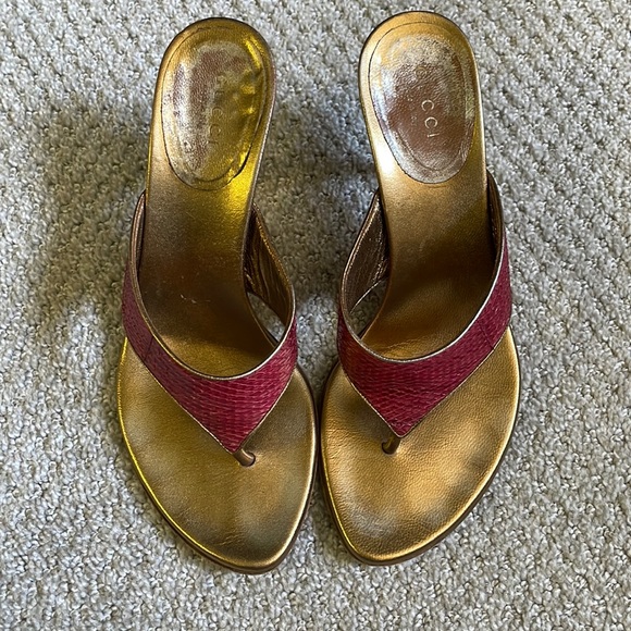 Gucci Red Snakeskin and Studded Thong Sandals